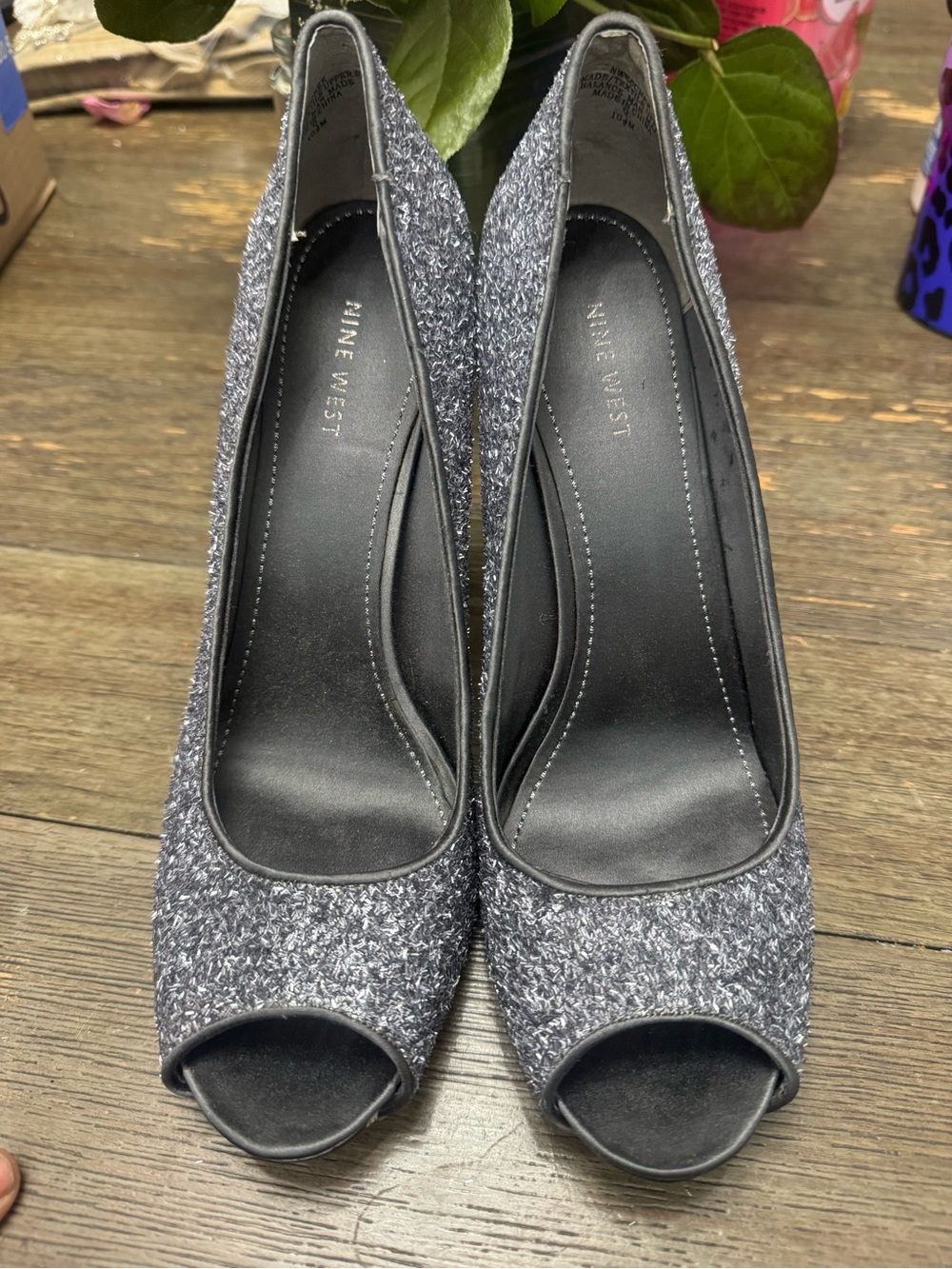 Nine West silver sparkle peep toe pumps